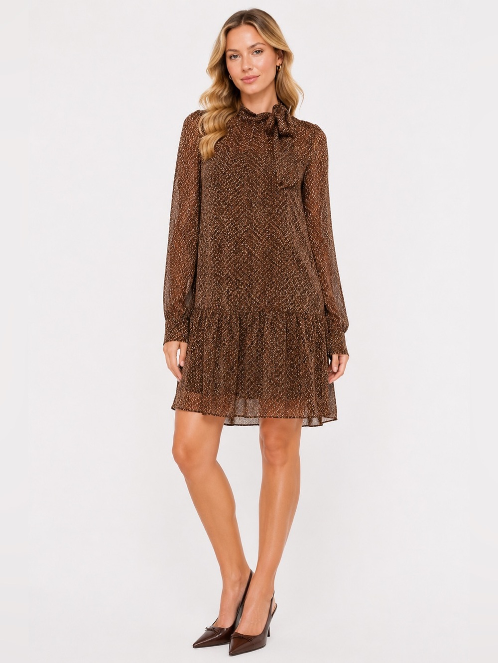 Mikael Aghal Tie-Neck Tiered Long Sleeve Mini Dress Women Size 6